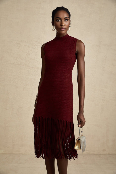 Octavia Midi Dress Vibrant Red Fringe Detail Crew Neck