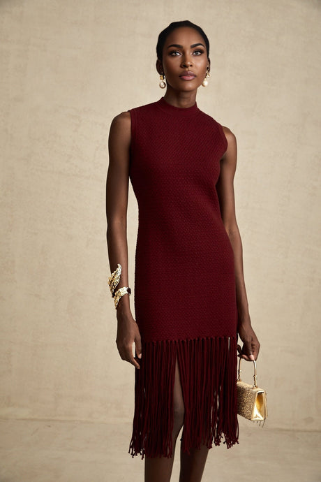 Octavia Midi Dress Vibrant Red Fringe Detail Crew Neck