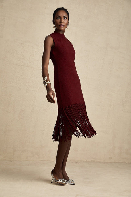 Octavia Midi Dress Vibrant Red Fringe Detail Crew Neck