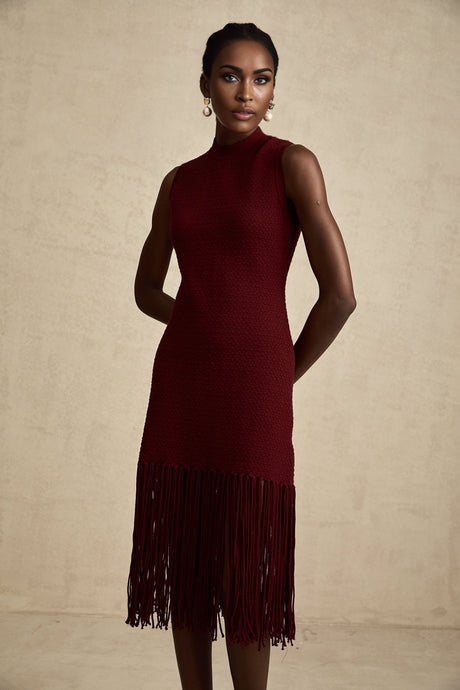 Octavia Midi Dress Vibrant Red Fringe Detail Crew Neck