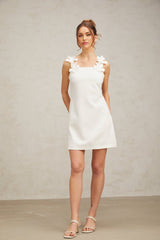 Octavia Mini Dress White Faux Flower Square Neck Thigh Length
