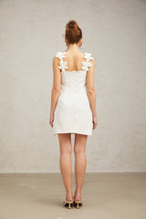 Octavia Mini Dress White Faux Flower Square Neck Thigh Length