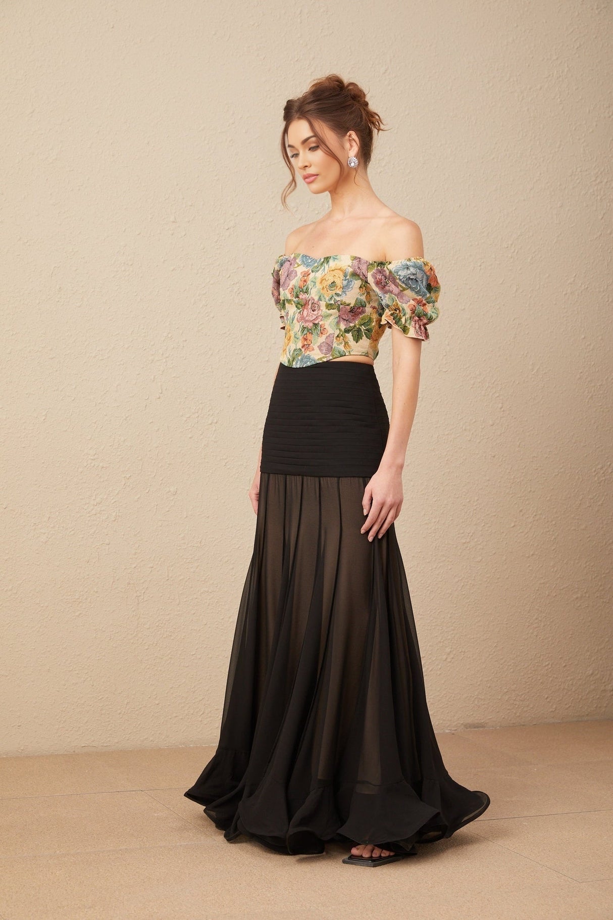 Ofelia Cropped Top Yellow Floral Jacquard & Shirred Hem