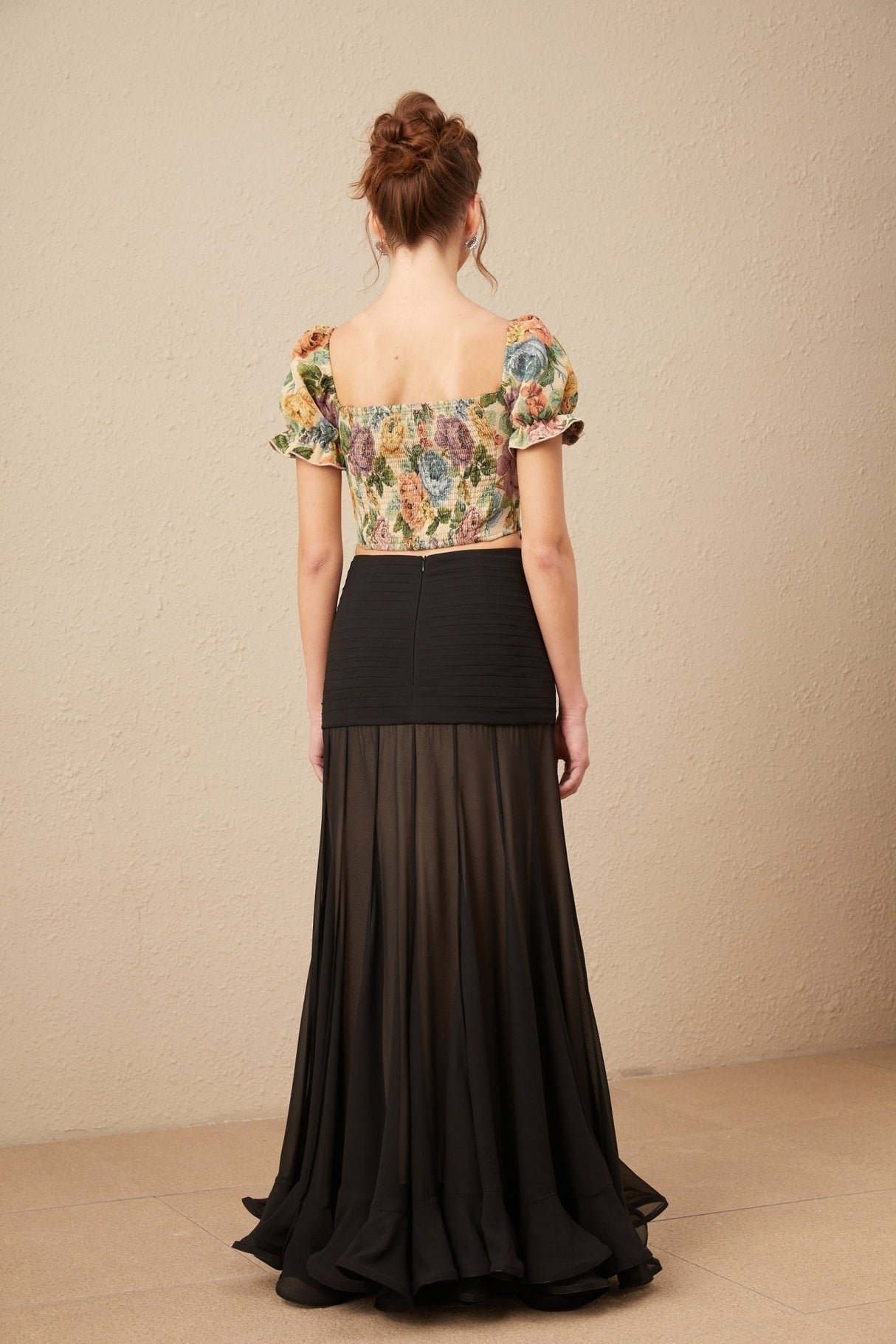 Ofelia Cropped Top Yellow Floral Jacquard & Shirred Hem