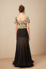Ofelia Cropped Top Yellow Floral Jacquard & Shirred Hem