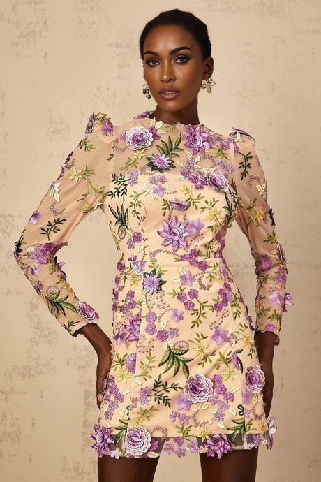 Ofelia Mini Dress Purple Floral Appliqu Embroidered Tulle