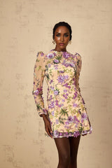 Ofelia Mini Dress Purple Floral Appliqu Embroidered Tulle