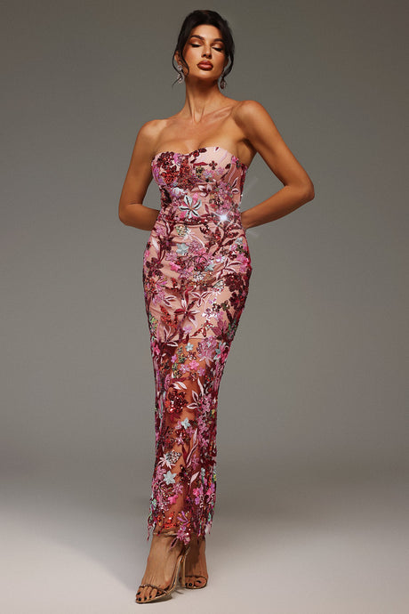 Ofelia Pink Floral Embroidered Sequin Maxi Dress