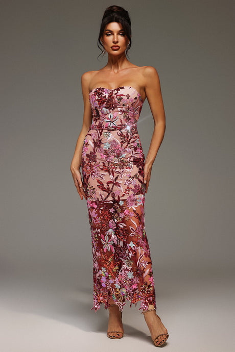 Ofelia Pink Floral Maxi Dress with Off-the-Shoulder Neckline and Sequin Detailing