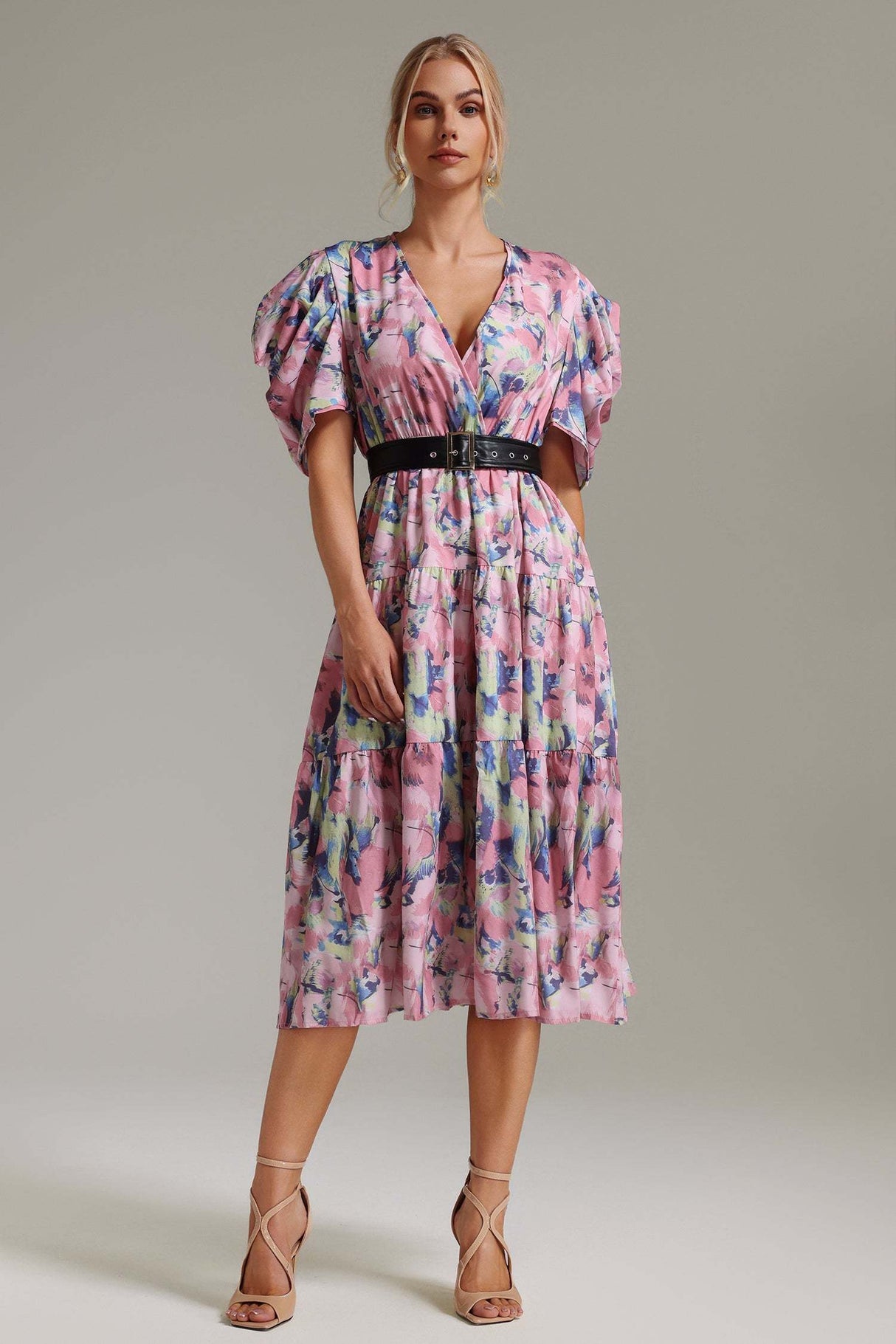 Ofelia Pink Floral Print Dress with Puffed Sleeves and Fabric Belt