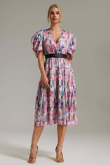 Ofelia Pink Floral Print Dress with Puffed Sleeves and Fabric Belt