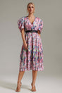Ofelia Pink Floral Print Dress with Puffed Sleeves and Fabric Belt
