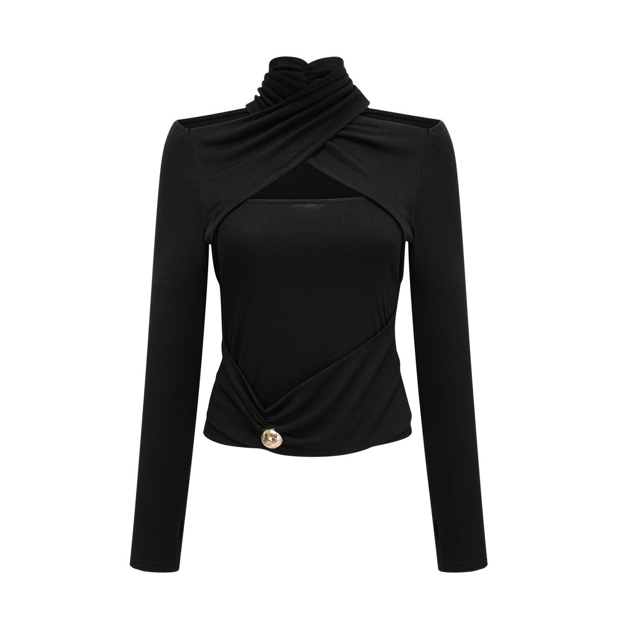Ofelia Top Black Ruched Halterneck Jersey & Metal Buckle Detail
