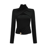 Ofelia Top Black Ruched Halterneck Jersey & Metal Buckle Detail