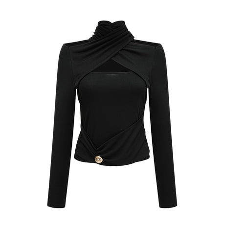 Ofelia Top Black Ruched Halterneck Jersey & Metal Buckle Detail
