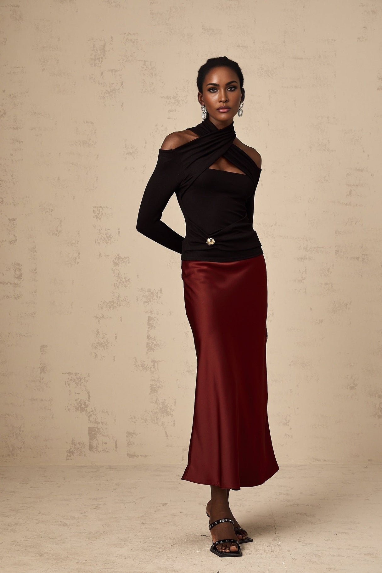 Ofelia Top Black Ruched Halterneck Jersey & Metal Buckle Detail