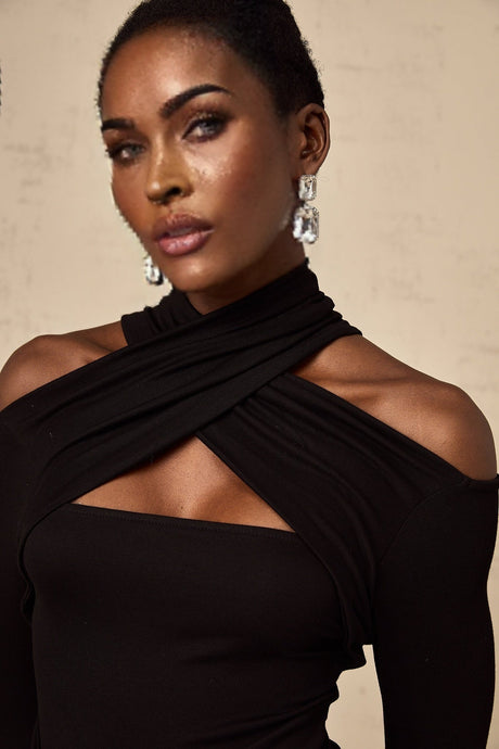Ofelia Top Black Ruched Halterneck Jersey & Metal Buckle Detail