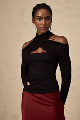 Ofelia Top Black Ruched Halterneck Jersey & Metal Buckle Detail