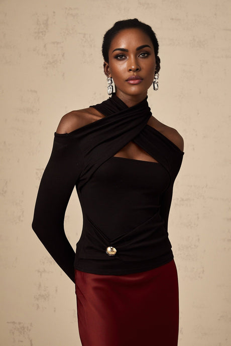 Ofelia Top Black Ruched Halterneck Jersey & Metal Buckle Detail