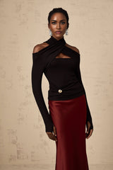 Ofelia Top Black Ruched Halterneck Jersey & Metal Buckle Detail