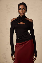Ofelia Top Black Ruched Halterneck Jersey & Metal Buckle Detail