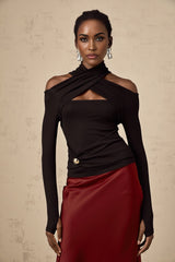 Ofelia Top Black Ruched Halterneck Jersey & Metal Buckle Detail