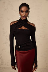 Ofelia Top Black Ruched Halterneck Jersey & Metal Buckle Detail