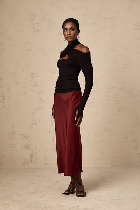 Ofelia Top Black Ruched Halterneck Jersey & Metal Buckle Detail