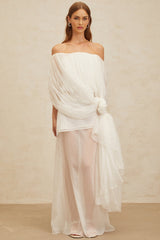 Off Shoulder Top & High Rise Skirt - Tulle Fabric - Semi - Sheer - Shirred Effect - Draped Detailing