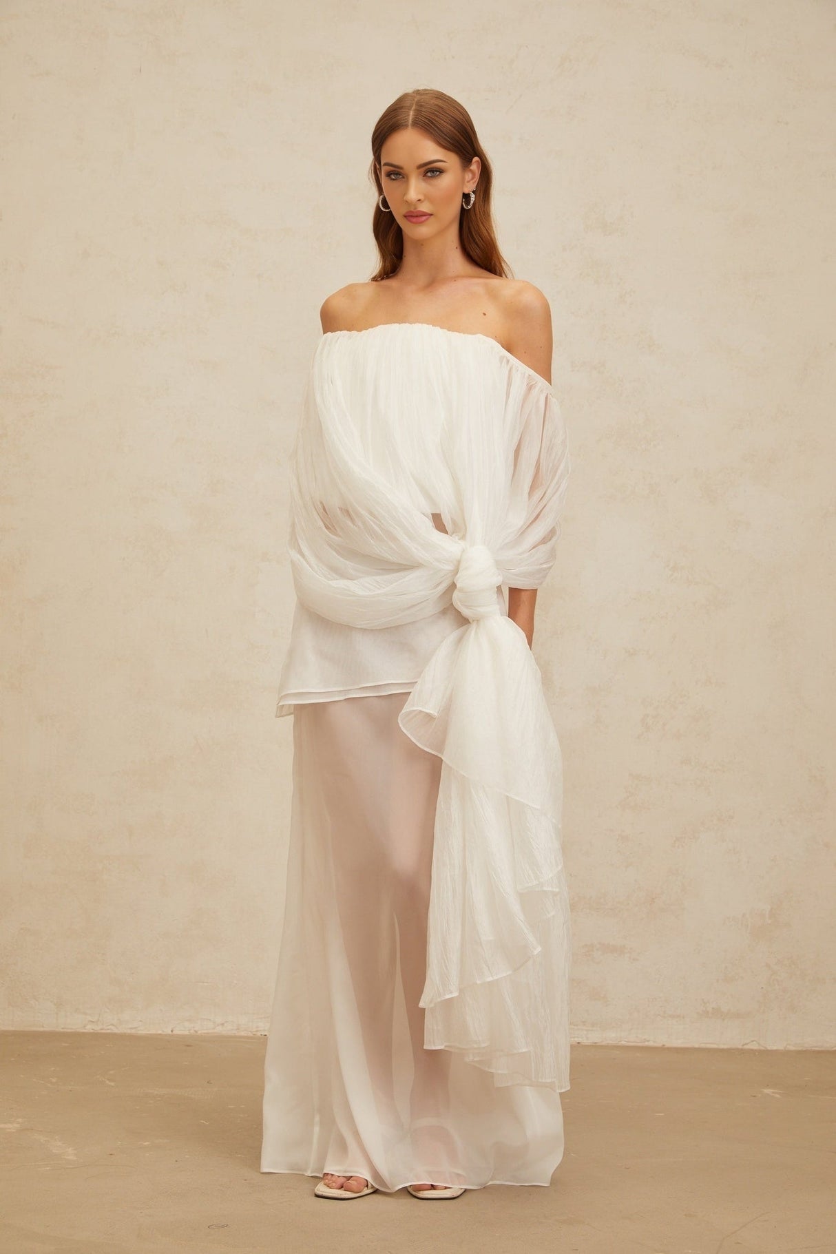 Off Shoulder Top & High Rise Skirt - Tulle Fabric - Semi - Sheer - Shirred Effect - Draped Detailing