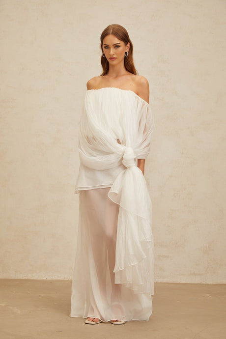 Off Shoulder Top & High Rise Skirt - Tulle Fabric - Semi - Sheer - Shirred Effect - Draped Detailing