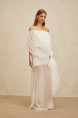 Off Shoulder Top & High Rise Skirt - Tulle Fabric - Semi - Sheer - Shirred Effect - Draped Detailing
