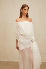 Off Shoulder Top & High Rise Skirt - Tulle Fabric - Semi - Sheer - Shirred Effect - Draped Detailing