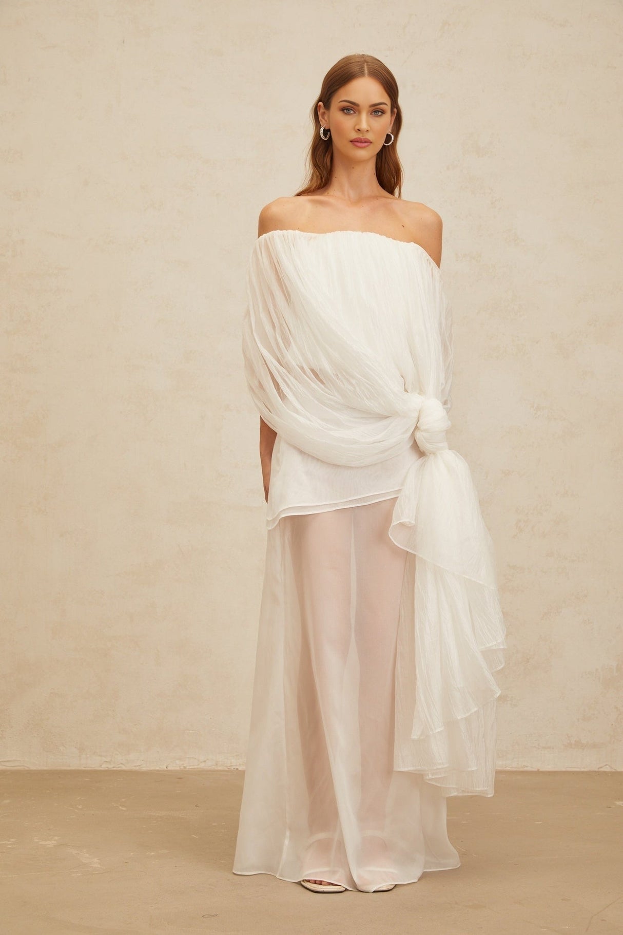 Off Shoulder Top & High Rise Skirt - Tulle Fabric - Semi - Sheer - Shirred Effect - Draped Detailing