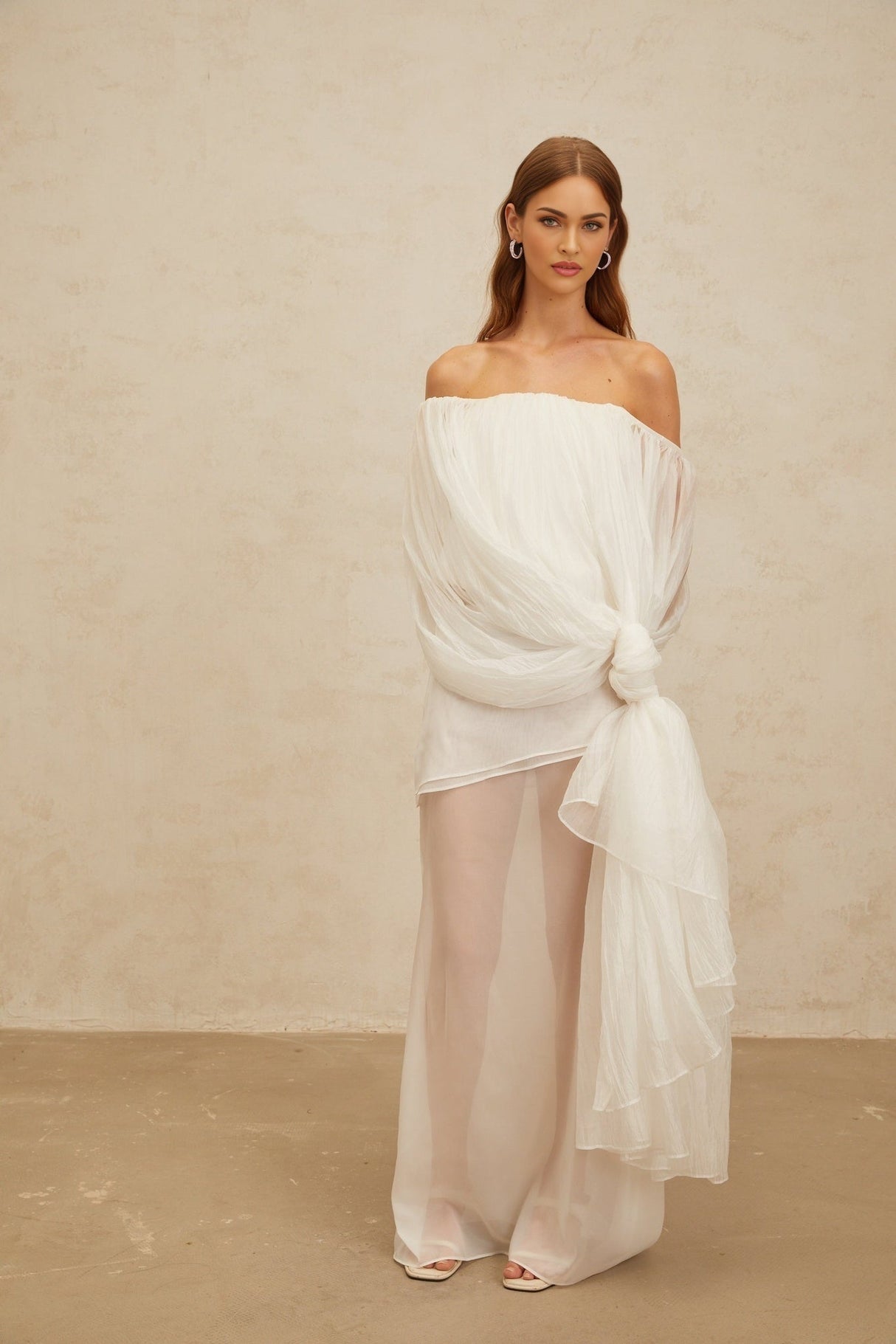 Off Shoulder Top & High Rise Skirt - Tulle Fabric - Semi - Sheer - Shirred Effect - Draped Detailing