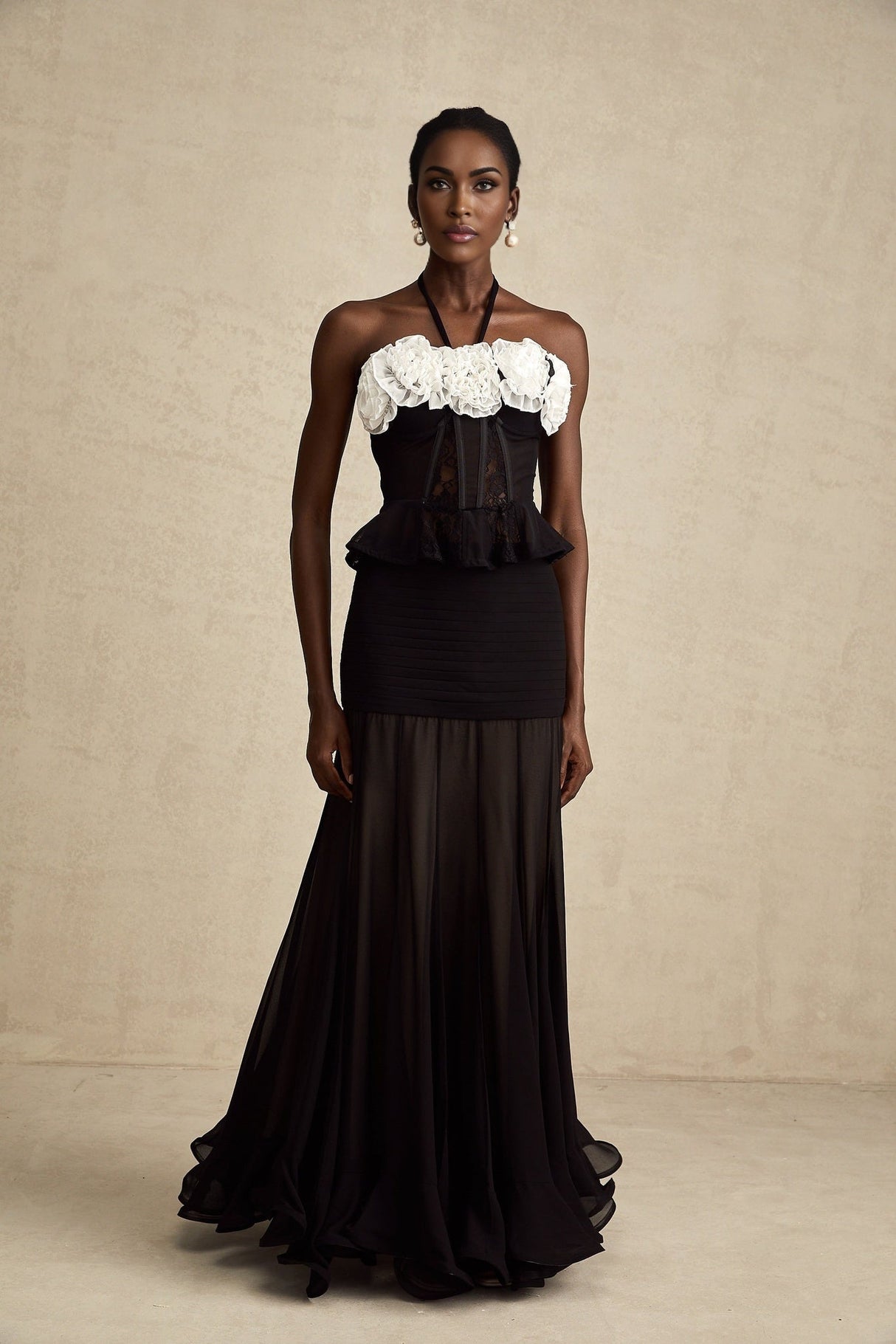 Olga Corset Top Black Faux Flower Lace Halterneck Ruffle Hem