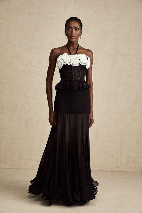 Olga Corset Top Black Faux Flower Lace Halterneck Ruffle Hem