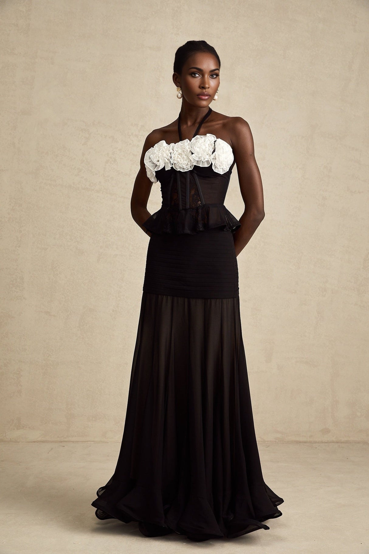 Olga Corset Top Black Faux Flower Lace Halterneck Ruffle Hem