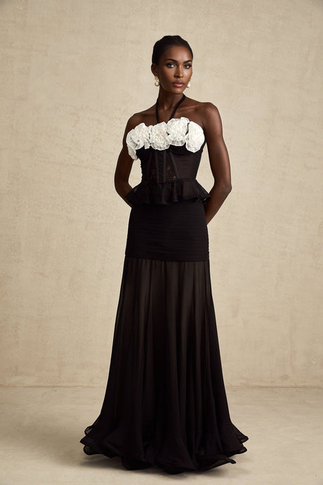 Olga Corset Top Black Faux Flower Lace Halterneck Ruffle Hem