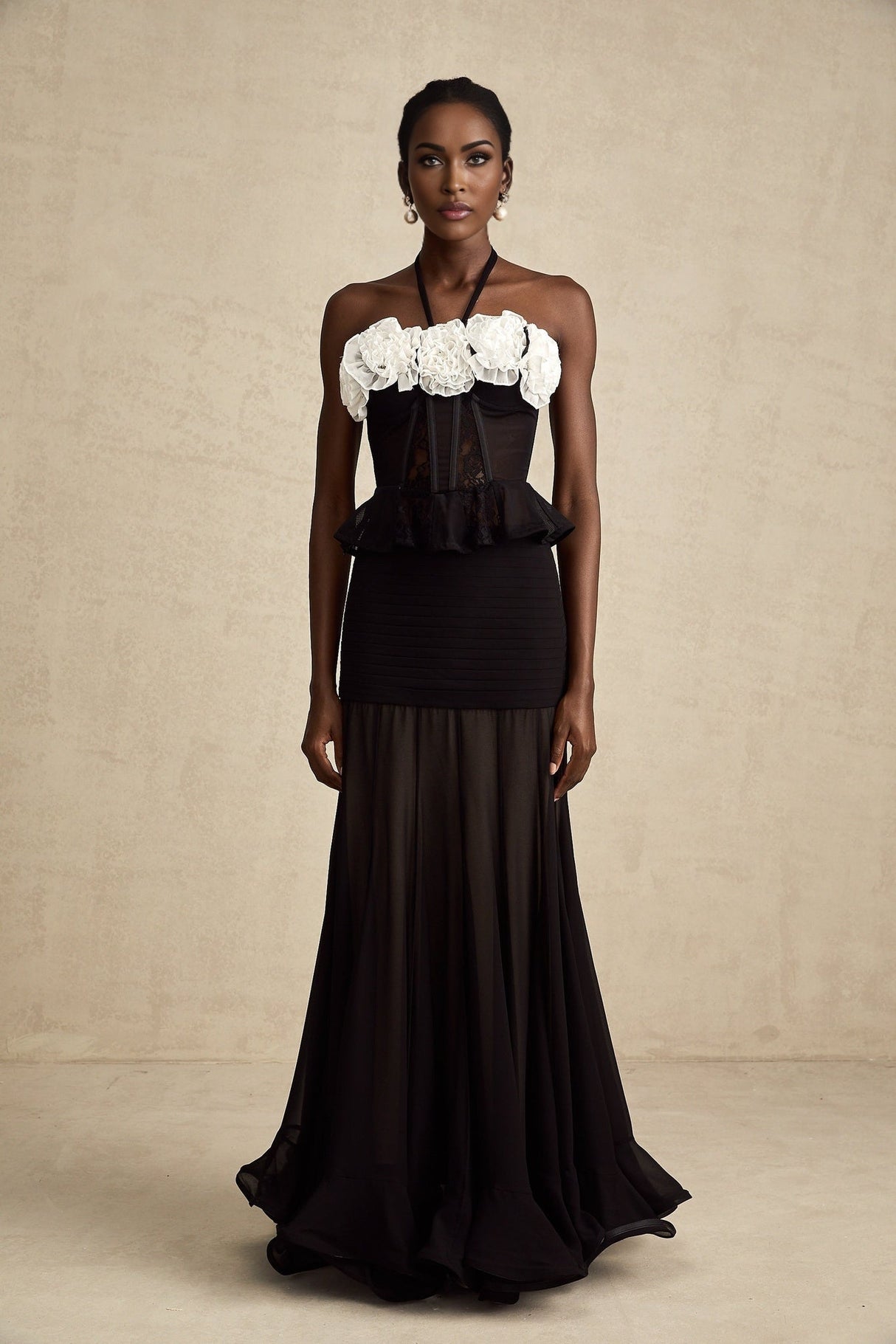 Olga Corset Top Black Faux Flower Lace Halterneck Ruffle Hem