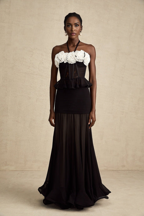 Olga Corset Top Black Faux Flower Lace Halterneck Ruffle Hem