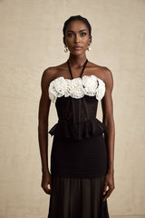 Olga Corset Top Black Faux Flower Lace Halterneck Ruffle Hem