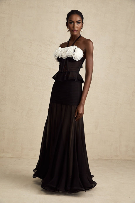 Olga Corset Top Black Faux Flower Lace Halterneck Ruffle Hem