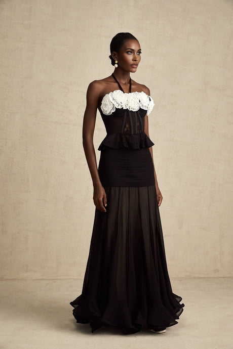 Olga Corset Top Black Faux Flower Lace Halterneck Ruffle Hem