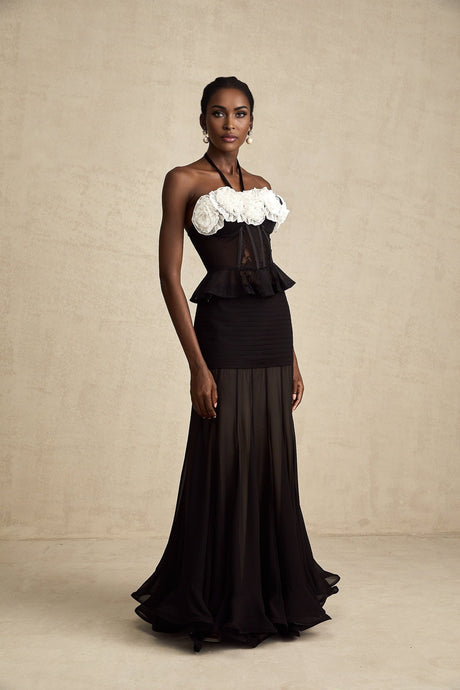 Olga Corset Top Black Faux Flower Lace Halterneck Ruffle Hem