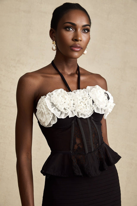 Olga Corset Top Black Faux Flower Lace Halterneck Ruffle Hem