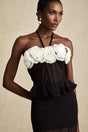 Olga Corset Top Black Faux Flower Lace Halterneck Ruffle Hem