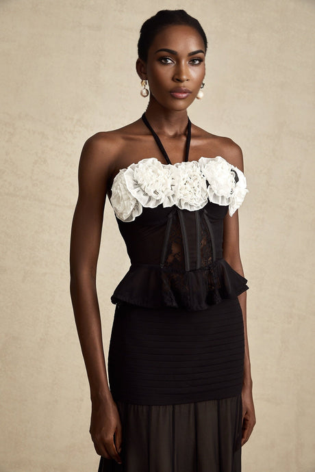 Olga Corset Top Black Faux Flower Lace Halterneck Ruffle Hem