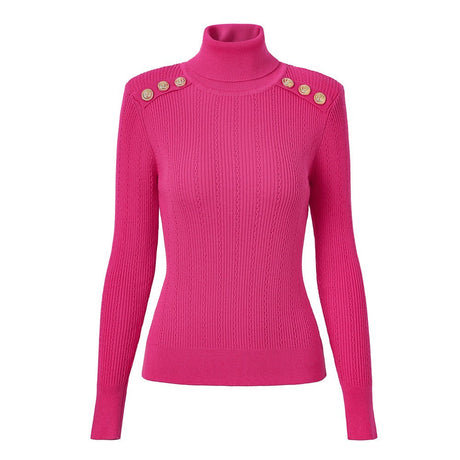 Olga Fitted Ribbed Knit Sweater - High Neck Design with Decorative Buttons on Shoulders