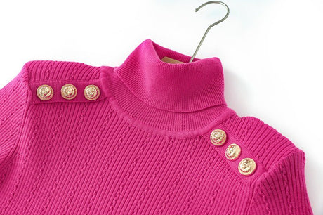 Olga Fitted Ribbed Knit Sweater - High Neck Design with Decorative Buttons on Shoulders